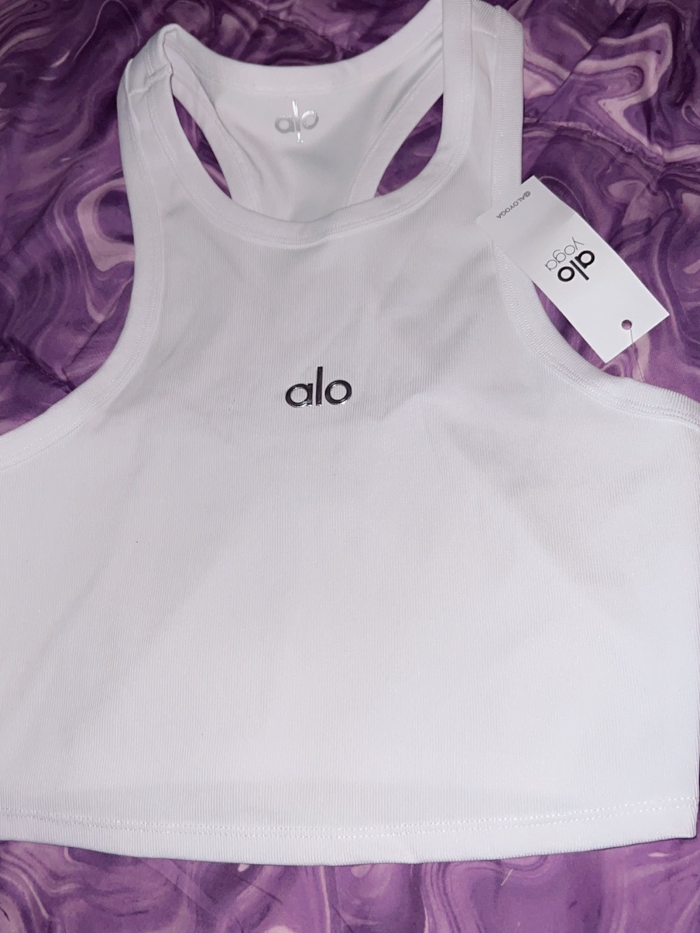 ALO Yoga White Racerback Crop Top with Center Logo